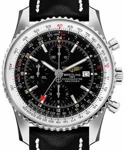 Navitimer World Chronograph 46mm in Steel on Black Calfskin Leather Strap with Black Dial