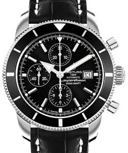 Superocean Heritage Chronograph in Steel with Black Bezel On Black Crocodile Leather Strap with Black Dial
