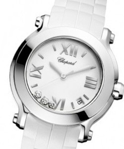 Happy Sport Round in Steel On White Rubber Strap with White Roman Dial -3 Floating Diamonds