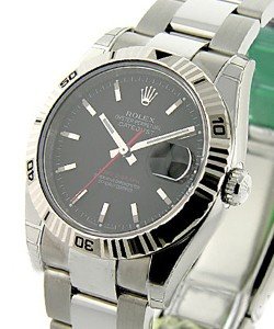 Datejust 36mm in Steel with White Gold Turn-O-graph Bezel on Oyster Bracelet with Black Stick Dial