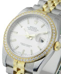 Datejust 36mm in Steel with Yellow Gold Diamond Bezel on Jubilee Bracelet with White Stick Dial