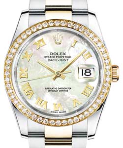 Datejust in Steel with Diamond Bezel on Steel and Yellow Gold Oyster Bracelet with MOP Roman Dial