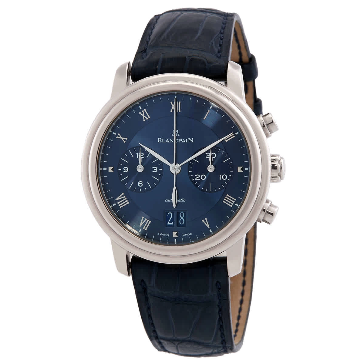 Villeret Chronograph Big Date 38mm Automatic in White Gold on Blue Crocodile Leather Strap with Blue Dial
