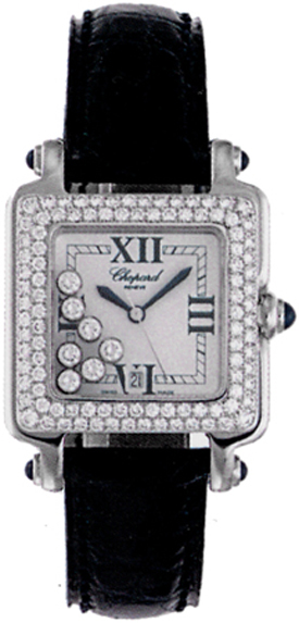Happy Sport Classic Square in Stainless Steel with Diamond Bezel on Black Crocodile Leather Strap with White Dial