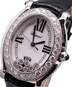 Happy Sport Oval in Steel with Diamonds Bezel on Black Crocodile Leather Strap with White Dial