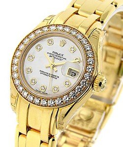Lady's Masterpiece in Yellow Gold with Diamond Bezel On Pearlmaster Bracelet with Mother of Pearl Diamond Dial
