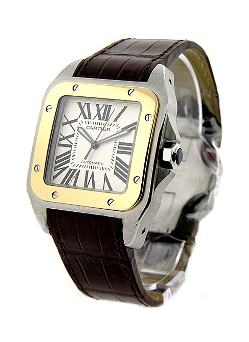 Santos 100 Large Size in 2 Tone On Brown Crocodile Leather Strap with Silver Dial W20072X7