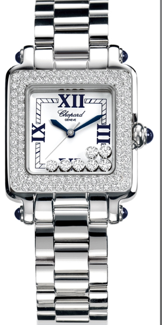 Happy Sport Square in Steel with 2-Row Diamond Bezel on Steel Bracelet with White 7 Floating Diamond Dial