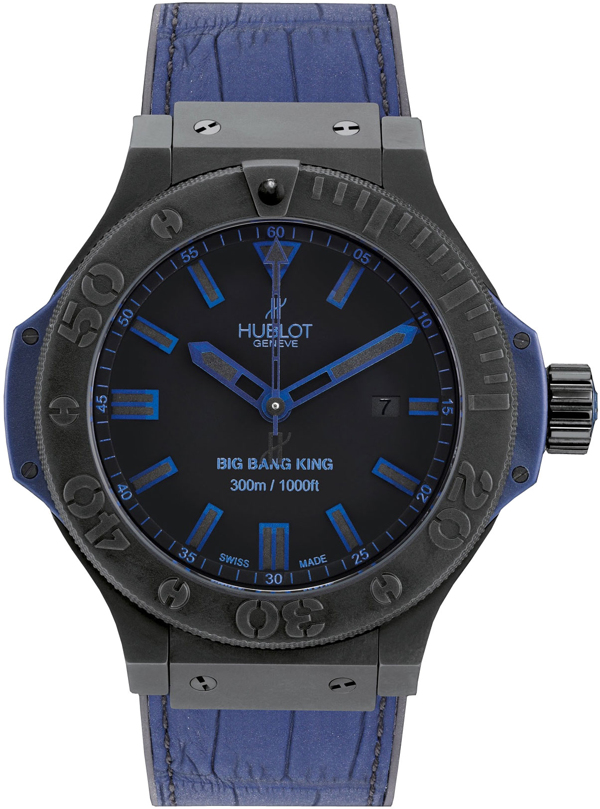 Big Bang King All Black Blue  48mm in Black Ceramic on Blue Crocodile Leather Strap with Black Dial