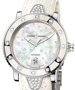 Marine Diver Starry Night 40mm in Steel with Diamond Bezel on White Wave Pattern Rubber Strap with MOP Diamond Dial