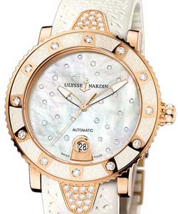 Diver Starry Night 40mm in Rose Gold with Diamond Bezel on White Rubber Strap with MOP Diamond Dial