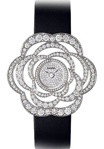 Chanel Camelia Collection Jewelery 27mm Quartz in White Gold with Diamonds Bezel