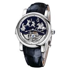 Genghis Khan Manual in Platinum on Black Alligator Leather Strap with Blue Dial
