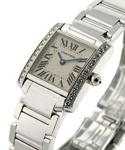 Tank Francaise - Small Size in White Gold with Diamond Bezel on White Gold Bracelet in Silver Dial