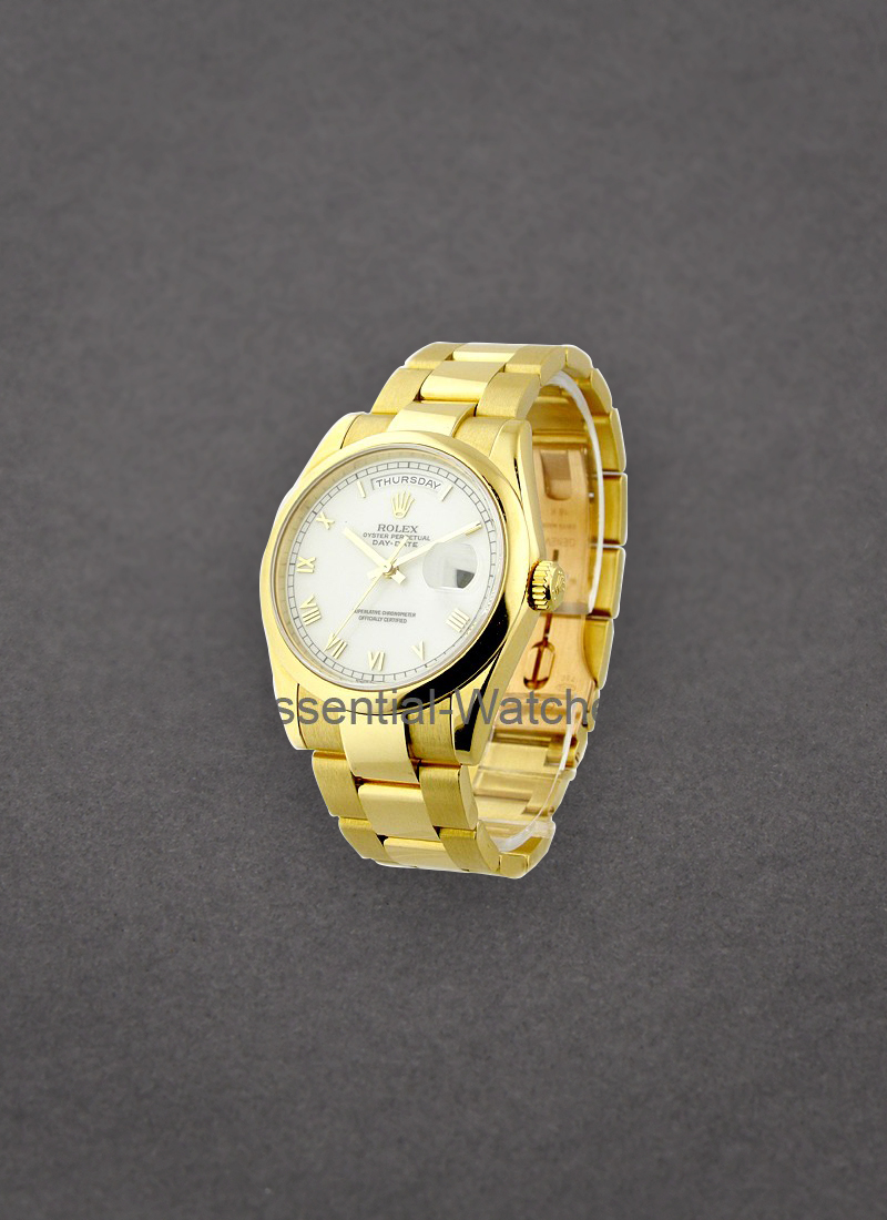 118208 used silver roman Rolex President 36mm Yellow Gold on Oyster Bracelet Essential Watches