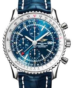 Navitimer World Chronograph Steel on Blue Crocodile Strap with Blue Dial on Deployant Buckle