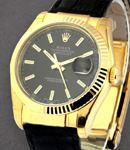 Datejust in Yellow Gold with Fluted Bezel on Black Alligator Leather Strap with Black Stick Dial