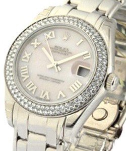 Masterpiece Mid Size in White Gold with 2 Row Diamond Bezel on Pearlmaster Bracelet with MOP Roman Dial