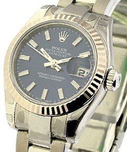 Datejust Ladies 26mm in Steel with White Gold Bezel on Steel Oyster Bracelet with Blue Stick Dial