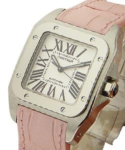 Santos 100 Automatic in Steel on Pink Leather Strap with White Dial and Roman Numerals