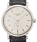 Calatrave in White Gold on Black Crocodile Leather Strap with Silver Dial