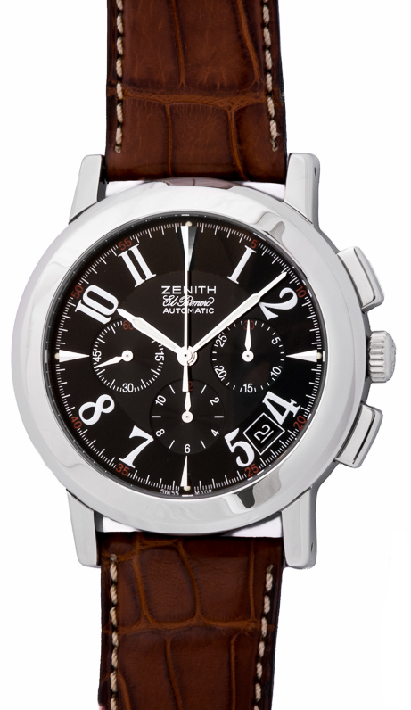Port Royal V El Primero Chronograph in Steel on Brown Alligator Leather Strap with Black dial