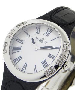 Serena Garbo in Stainless Steel with Partial Diamond Bezel on Black Leather Strap and MOP Dial