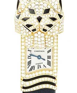 Panthere Secrete De Cartier in Yellow Gold Diamond Bezel  on Blak Fabric Strap with Silver Dial