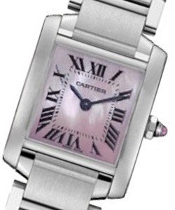 Tank Francaise Small Size in Steel on Steel Bracelet with Pink Mother of Pearl Roman Dial