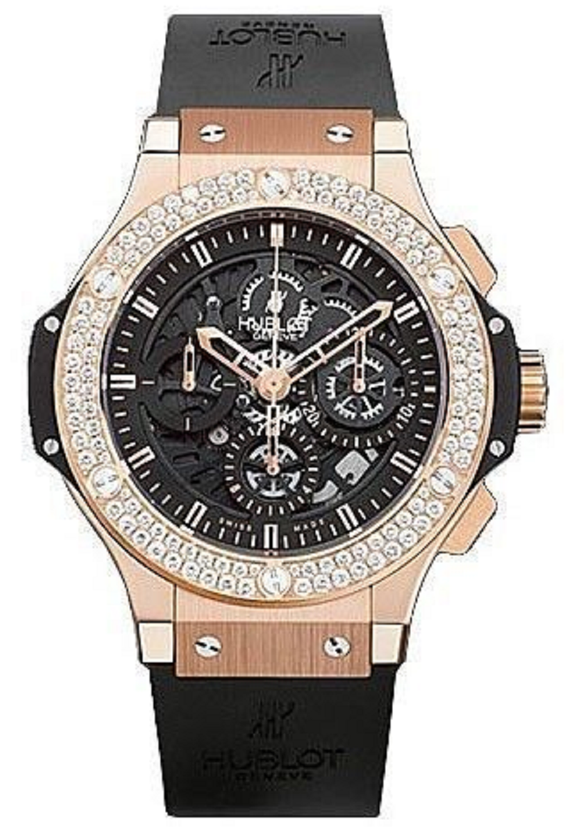 Aero Bang 44mm in Rose Gold with Diamond Bezel on Black Rubber Strap with Black Dial