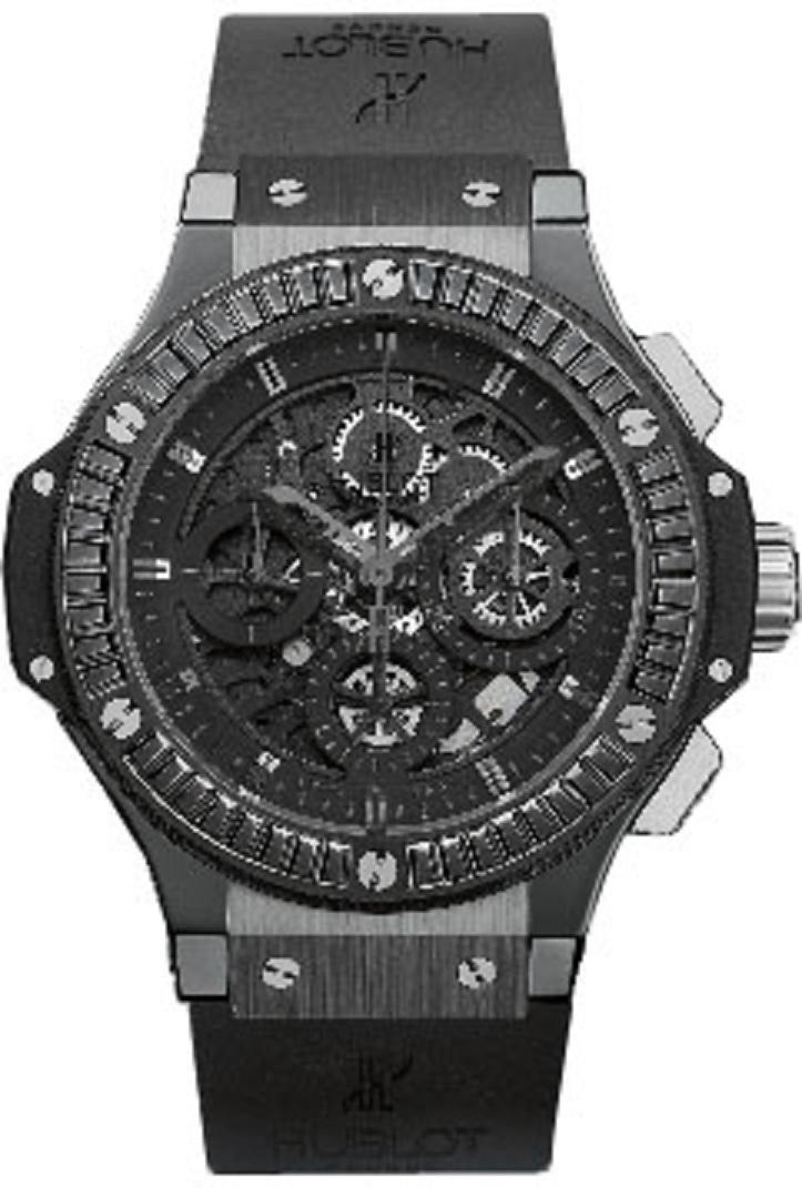 Aero Bang 44mm All Black Carat in Black Ceramic with  Black Baguette Diamond Bezel on Black Rubber Strap with Black Dial