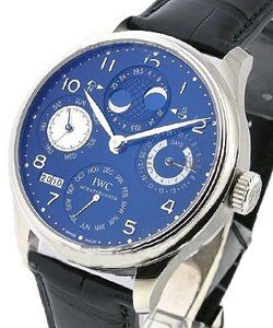 Portuguese Perpetual Calendar III - Hemisphere in White Gold on Black Crocodile Leather Strap with Blue Dial