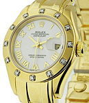 Masterpiece 29mm in Yellow Gold with 12 Diamond Bezel on Pearlmaster Bracelet with White Roman Dial