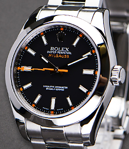 Milgauss 40mm in Steel with Smooth Bezel on Oyster Bracelet with Black Stick Dial
