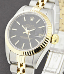 Lady''s 2-Tone Datejust in Steel with Yellow Gold Fluted Bezel on Steel and Yellow Gold Jubilee Bracelet with Black Tapistry Dial