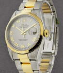 Datejust 36mm in Steel with Yellow Gold Smooth Bezel on Oyster Bracelet with Silver Roman Dial