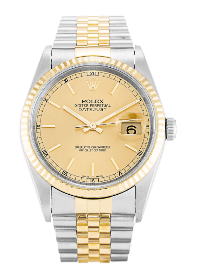 2-Tone Datejust 36mm with Yellow Gold Fluted Bezel on Jubilee Bracelet - New Style with Champagne Stick Dial
