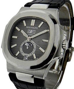 Nautilus Ref 5726A  with Moon Phase in Steel on Black Leather Strap with Gray Ribbed Dial