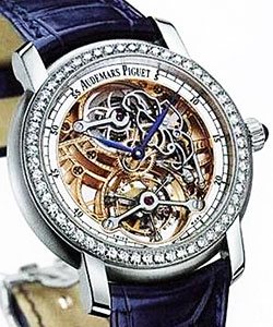 Jules Audemars Lady in Platinum with Diamond Bezel on Blue Crocodile Leather Strap with Skeleton Dial