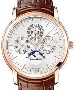 Jules Audemars Perpetual Calendar Chrono in Rose Gold on Brown Leather Strap with Silver Dial
