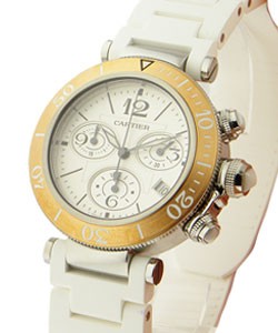 Pasha Seatimer Chrono - Ladies Size in Steel with Rose Gold Bezel on White Rubber Strap with White Dial