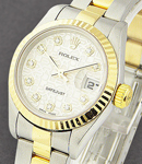 Lady''s 2-Tone Datejust in Steel with Yellow Gold Fluted Bezel on Steel and Yellow Gold Oyster Bracelet with Silver Diamond Dial