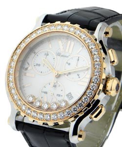 Happy Sport Round Chrono in Steel with Rose Gold Diamond Bezel on Black Crocodile Leather Strap with MOP Dial