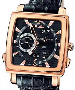 Quadrato Dual Time Perpetual in Rose Gold On Black Leather Strap with Black Dial