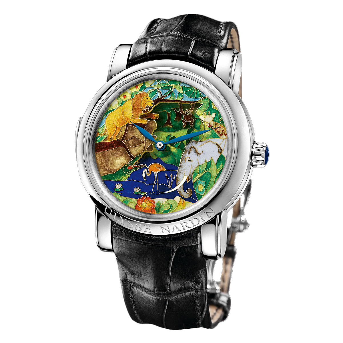 Safari Jaquemarts Minute Repeater in Platinum  on Black Crocodile Leather Strap with Cloisonne Enamel Dial