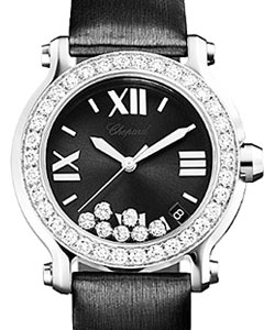 Happy Sport Round with Diamonds in White Gold with Diamond Bezel on Black Satin Strap with Black Dial - 7 Floating Diamonds