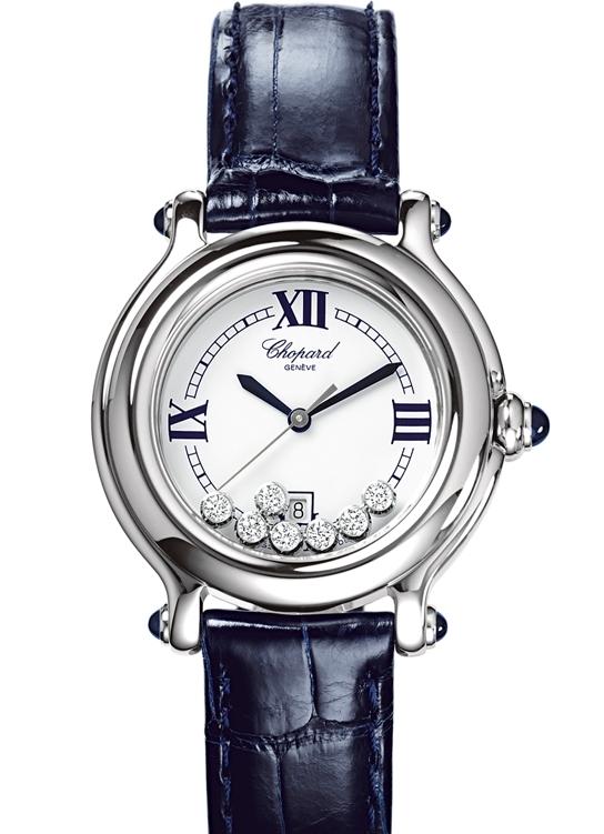 Happy Sport Round in Steel on Blue Crocodile Leather Strap with White Dial and 7 Floating Diamonds