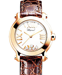 Happy Sport Round in Rose Gold on Brown Crocodile Leather Strap with White Dial & 5 Floating Diamonds
