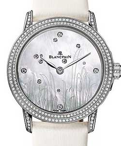 Ultra Slim 34mm Automatic in White Gold with Diamond Bezel on White Satin Strap with Grey MOP Dial