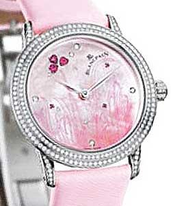 Leman Ultra Slim 34mm Automatic in White Gold with Diamonds Bezel on Pink Satin Strap with Pink MOP Dial